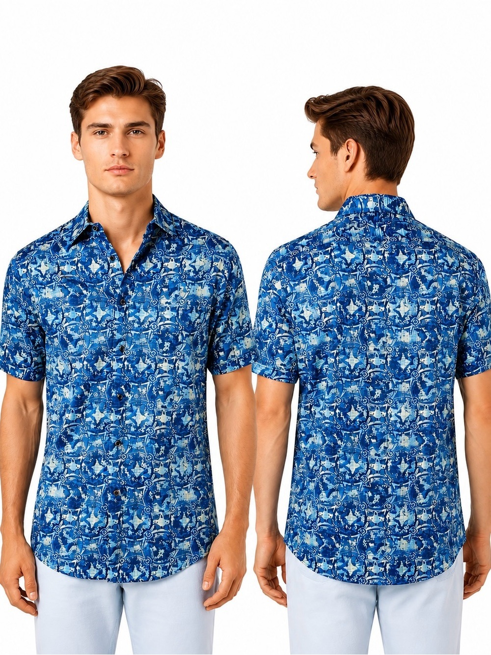 Tasso Elba Men’s Blue Abstract Print Short Sleeve Button Front Shirt Large
